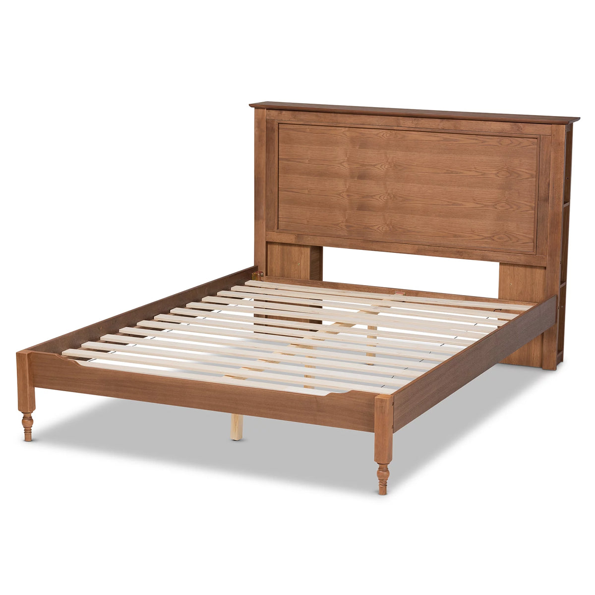Ash Walnut Brown Wood King Size Platform Storage Bed with Built-In Shelves W443