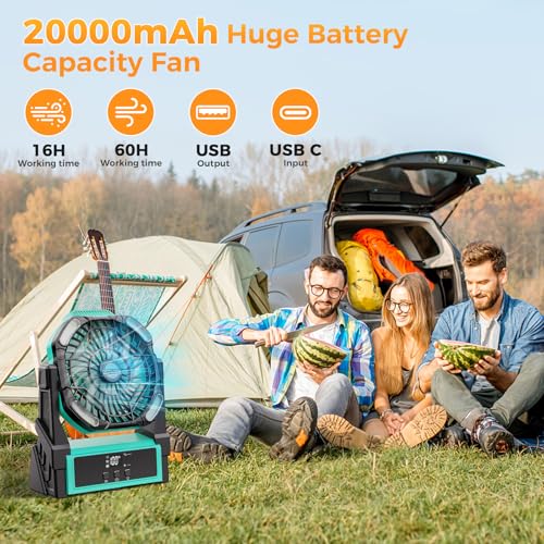 Portable Camping Fan, 20000mAh Rechargeable Battery Operated Fans with Lights, 4 Speed, Adjustable Brightness (Blue Black) K755