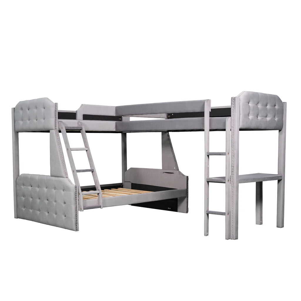Gray Upholstered Twin over Full Bunk Bed with Built-in Desk L70716