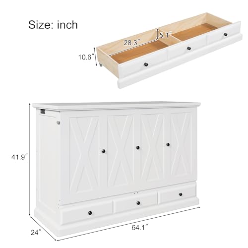 Queen Size White Solid Pine Murphy Bed with Charging Station and Drawer J45669