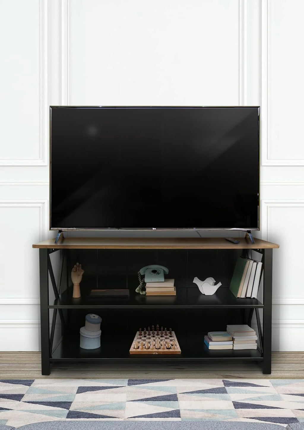 Solid Wood Console Table with Shelves, Black and Antique Cherry N290
