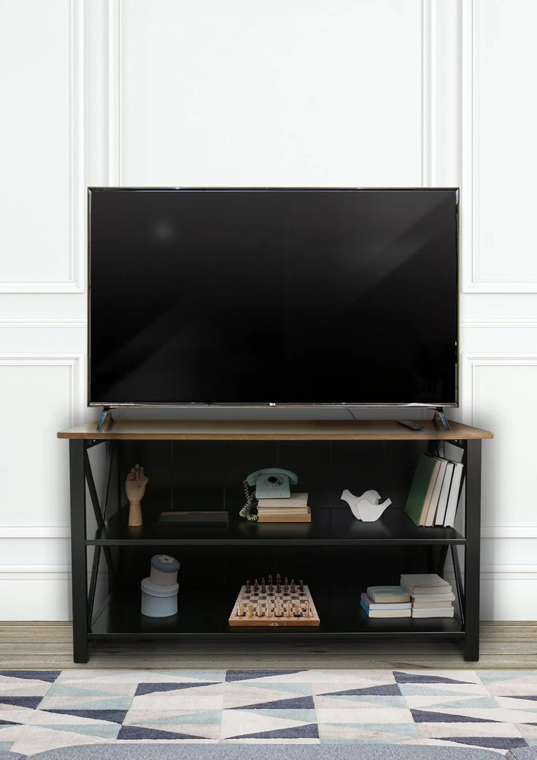 Solid Wood Console Table with Shelves, Black and Antique Cherry N290