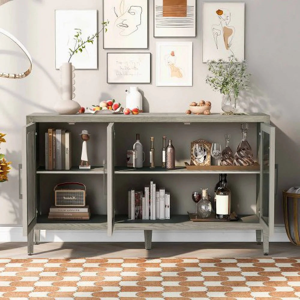 Wood Storage Cabinet with Three Tempered Glass Doors and Adjustable Shelf, Gray Q900