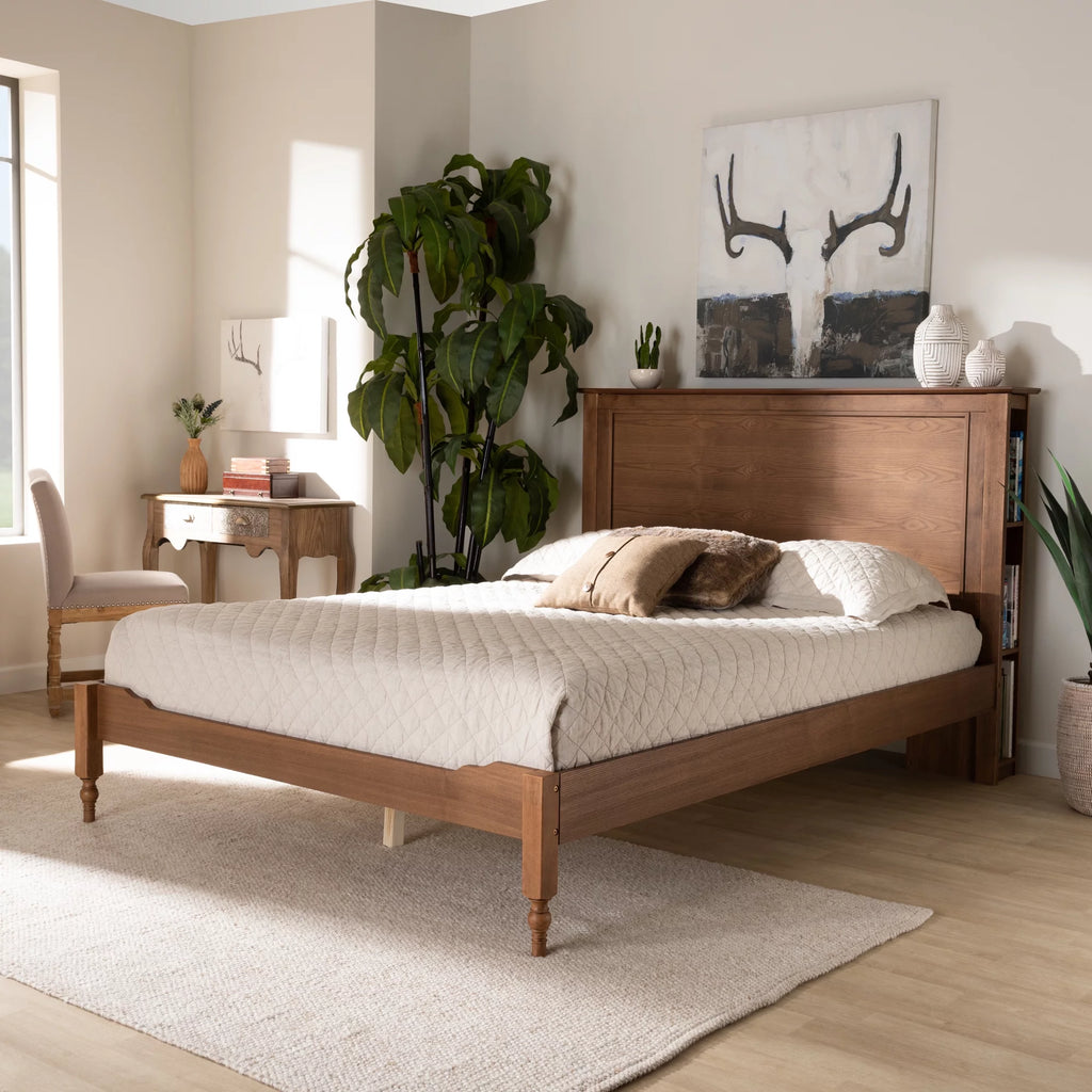 Ash Walnut Brown Wood King Size Platform Storage Bed with Built-In Shelves W443