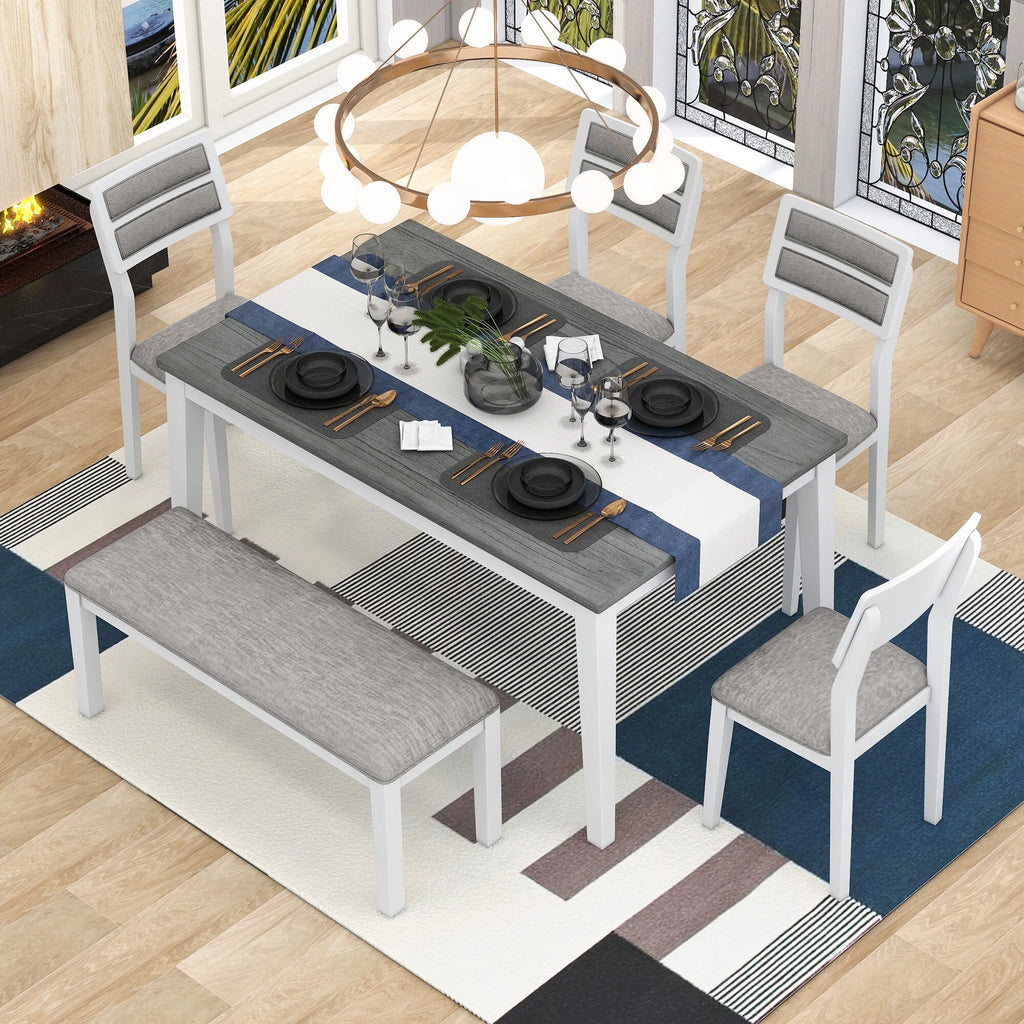 6 Piece Dining Table and Chair Set with 4 Upholstered Chairs and Bench F38561