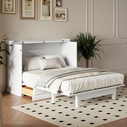 Queen Size White Solid Pine Murphy Bed with Charging Station and Drawer J45669