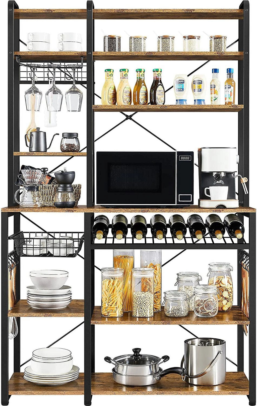 Wooden Kitchen Bakers Rack with Wine Rack and 12 Hooks G340083