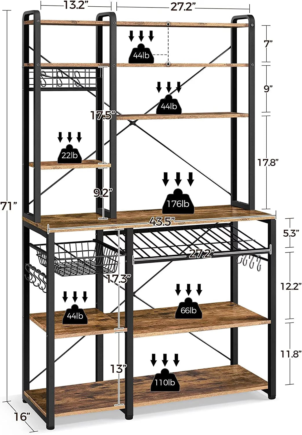 Wooden Kitchen Bakers Rack with Wine Rack and 12 Hooks G340083