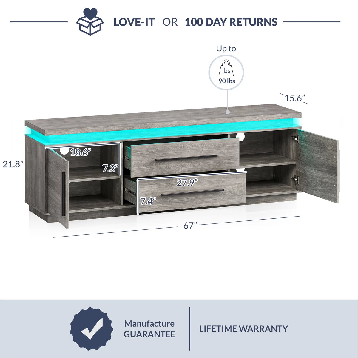 67" TV Stand with LED Lights and Cabinets G690