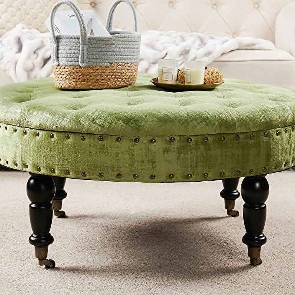 Green Tufted Round Velvet Ottoman Coffee Table 34" Large X474