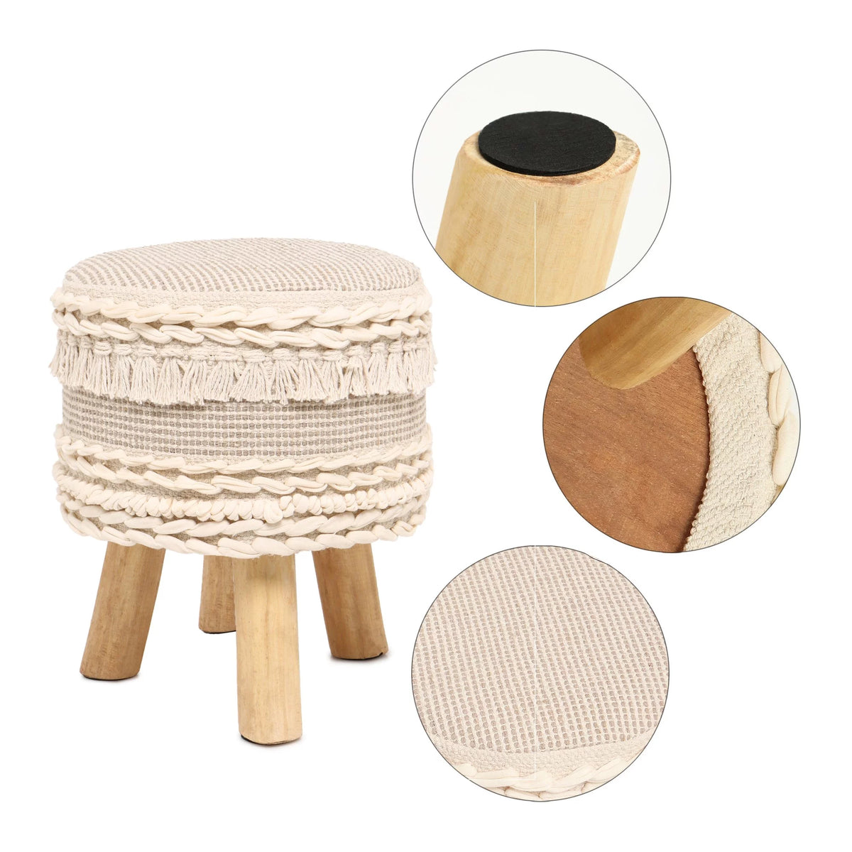 Handmade Wooden 4 Legs Tufted Seat 100% Cotton Foot Stool E1486
