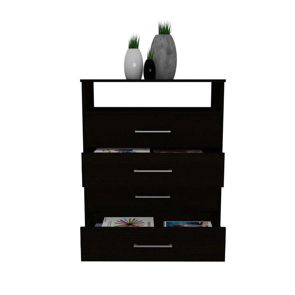 Modern Black Four Drawer Dresser with Hutch V43264