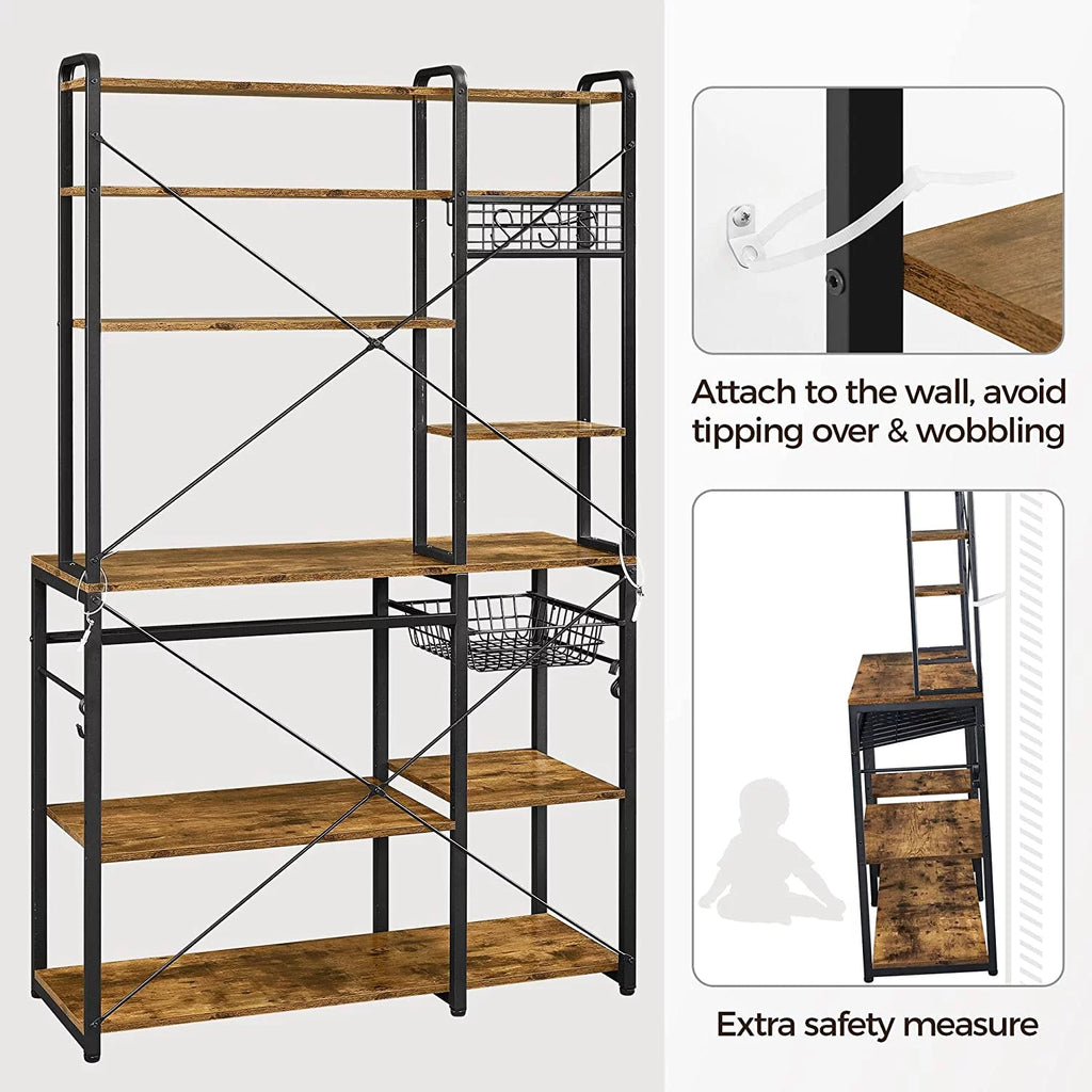 Wooden Kitchen Bakers Rack with Wine Rack and 12 Hooks G340083